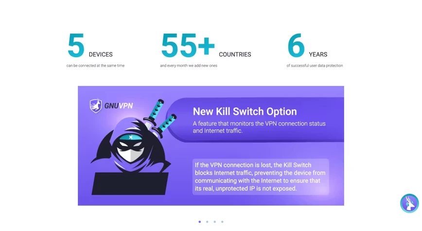 A GnuVPN web page panel headed "New Kill Switch Option", with a ninja mascot and explanatory text.