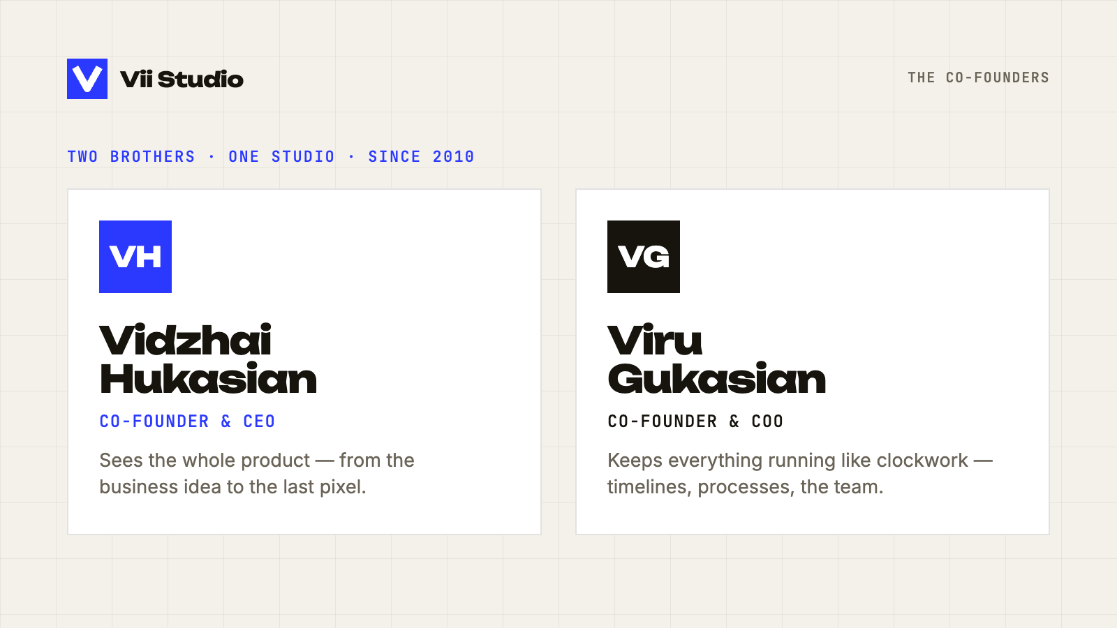 Card showing Vidzhai Hukasian, Co-founder and CEO, and Viru Gukasian, Co-founder and COO of Vii Studio
