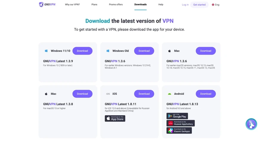 GnuVPN's downloads page, showing apps for Windows, Mac, iOS and Android.